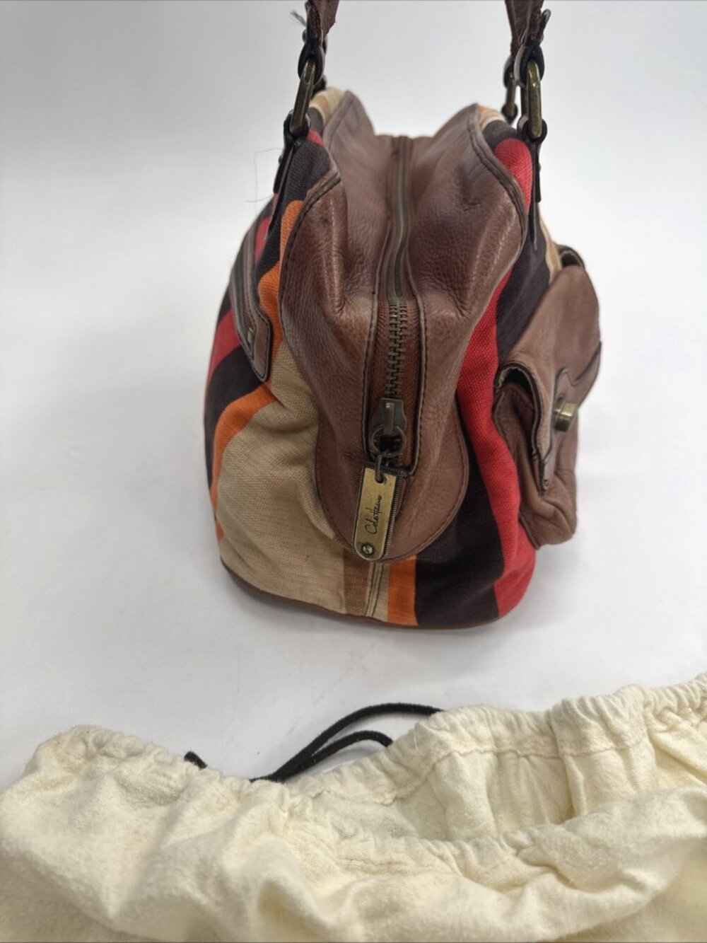 Cole Haan Striped Handbag Brown Leather Canvas Shoulder Aztec Double Handle Boho - Picture 2 of 12